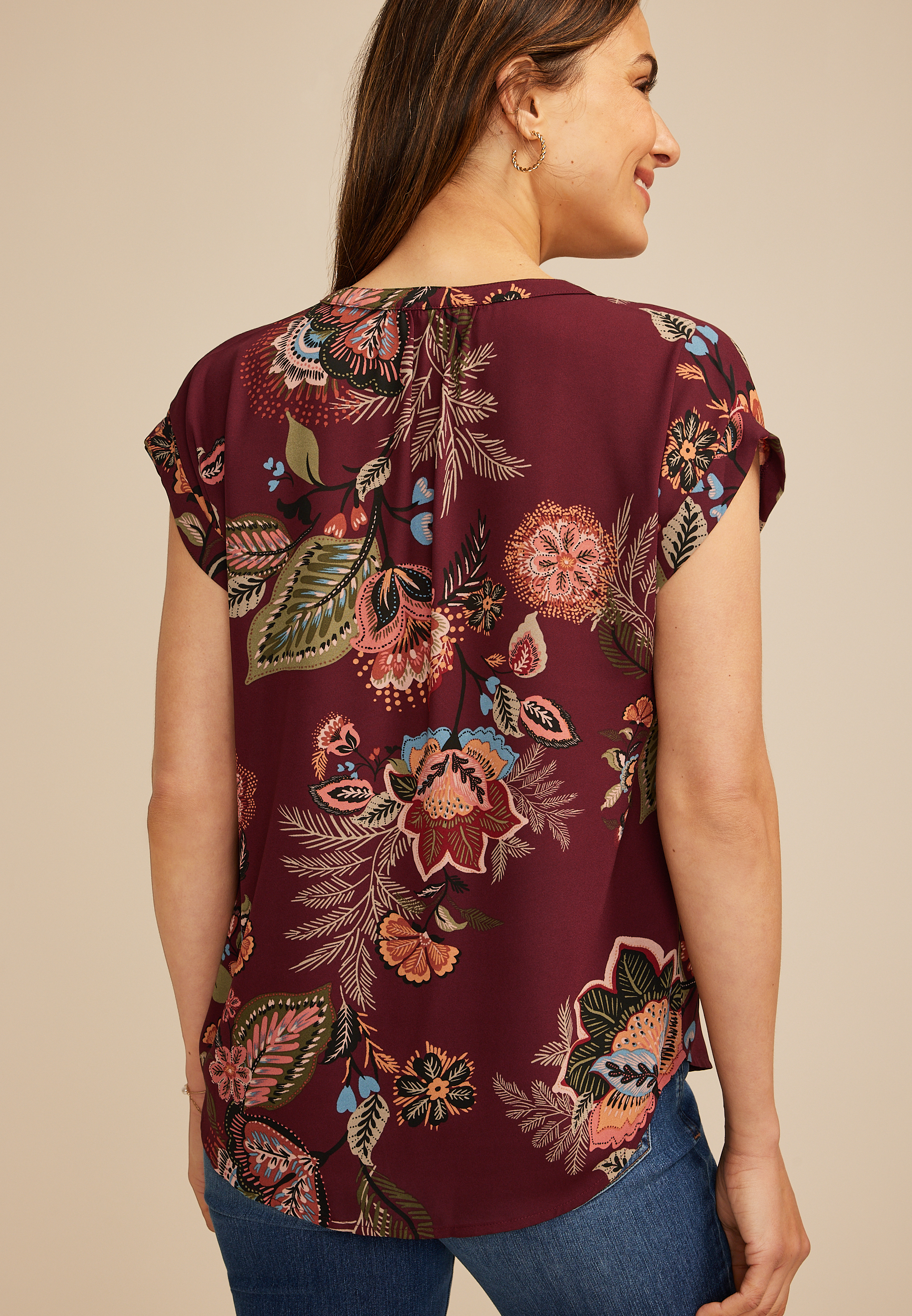 Floral Button Front Dolman Short Sleeve Blouse, C5032, large