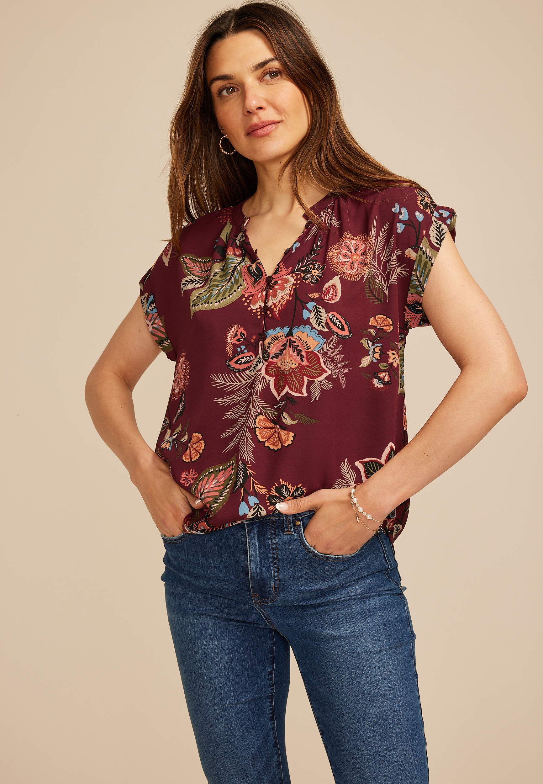 Floral Button Front Dolman Short Sleeve Blouse, C5032, large