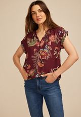 Floral Button Front Dolman Short Sleeve Blouse, C5032, small