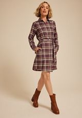 Plaid Tie Waist Long Sleeve Shirt Dress, C1653, small