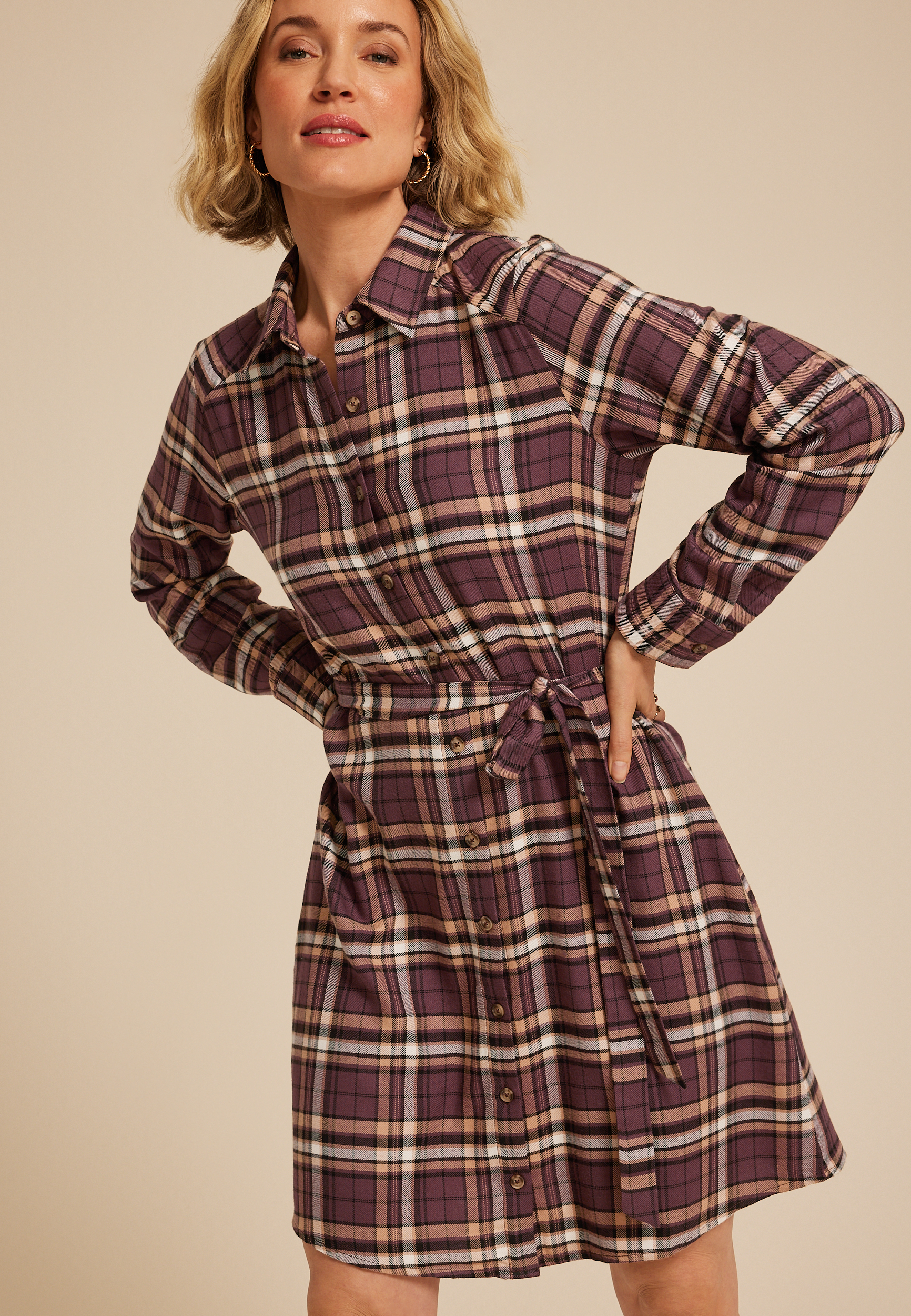 Plaid Tie Waist Long Sleeve Shirt Dress, C1653, large