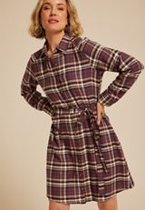 Plaid Tie Waist Long Sleeve Shirt Dress, C1653, small