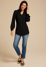 V Neck Long Sleeve Blouse, BLACK, small