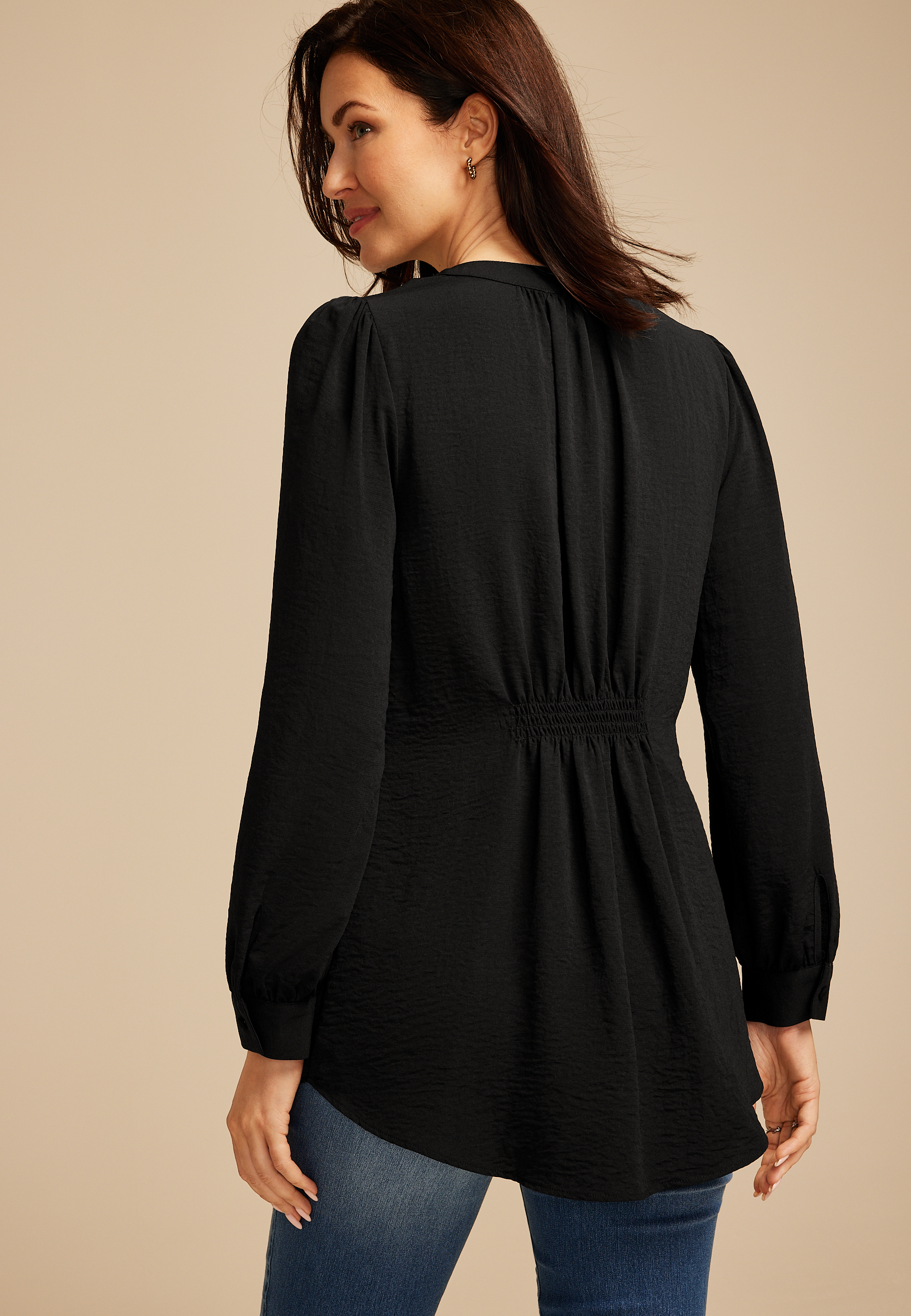 V Neck Long Sleeve Blouse, BLACK, large