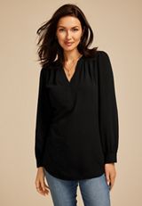 V Neck Long Sleeve Blouse, BLACK, small