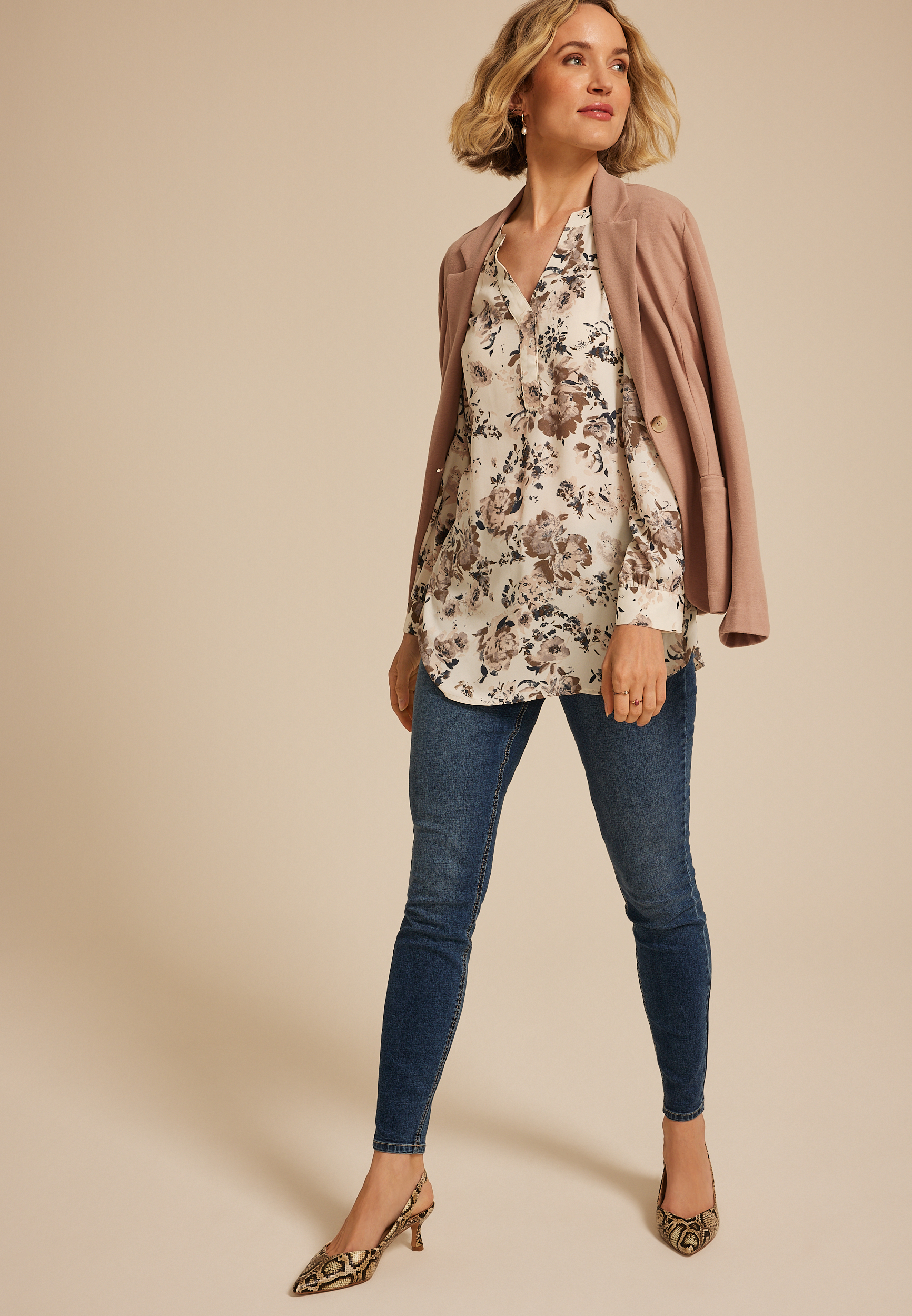 Floral V Neck Long Sleeve Blouse, C5883, large