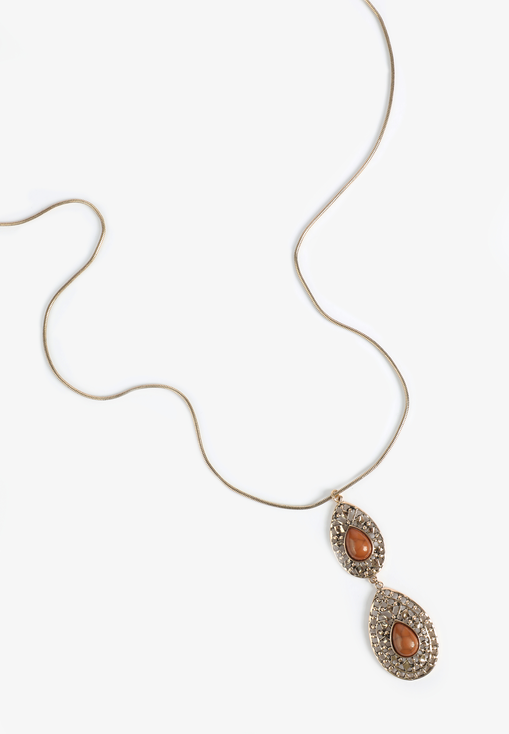 Brown Faux Stone Double Oval Pendant Necklace