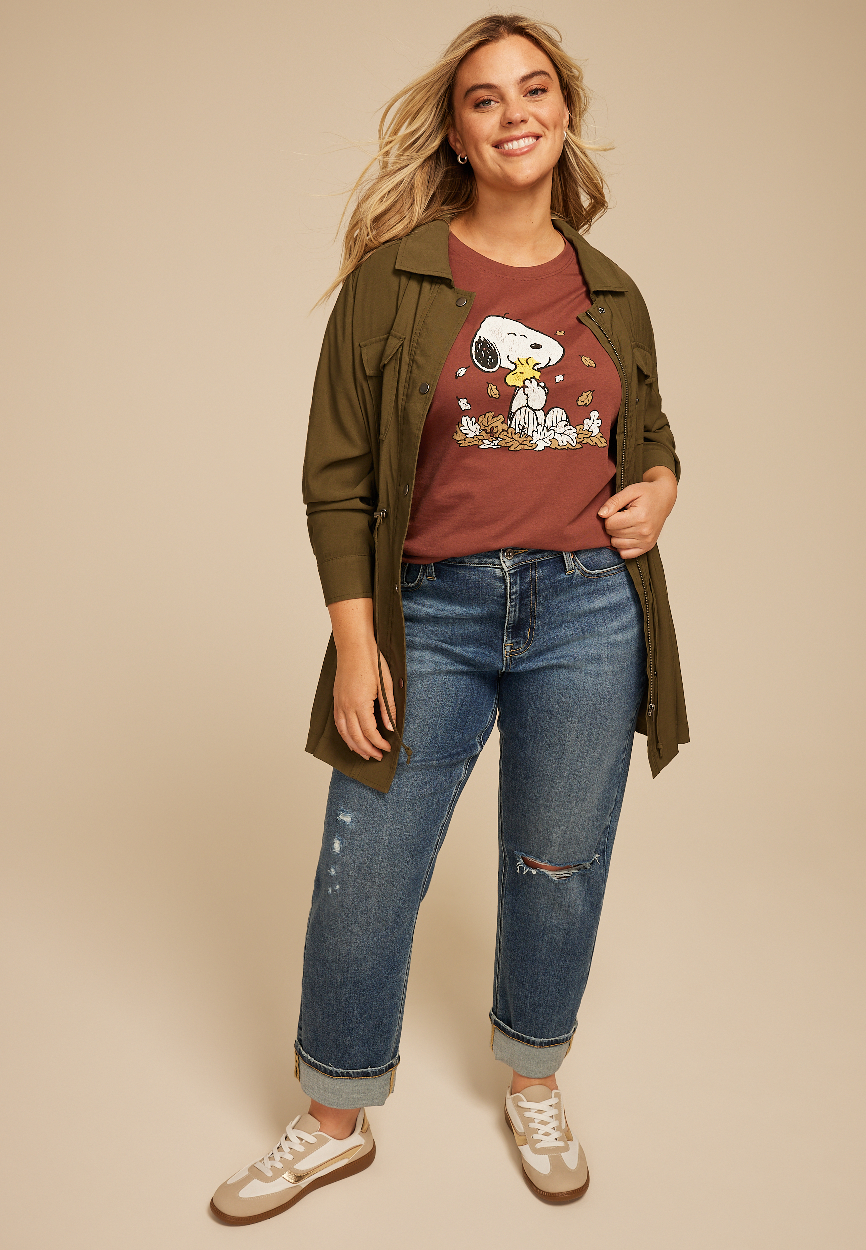 Plus Size Fall Snoopy And Woodstock Classic Fit Graphic Tee
