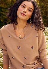 Embroidered Floral Relaxed Fit Sweatshirt, Tawny Brown, small