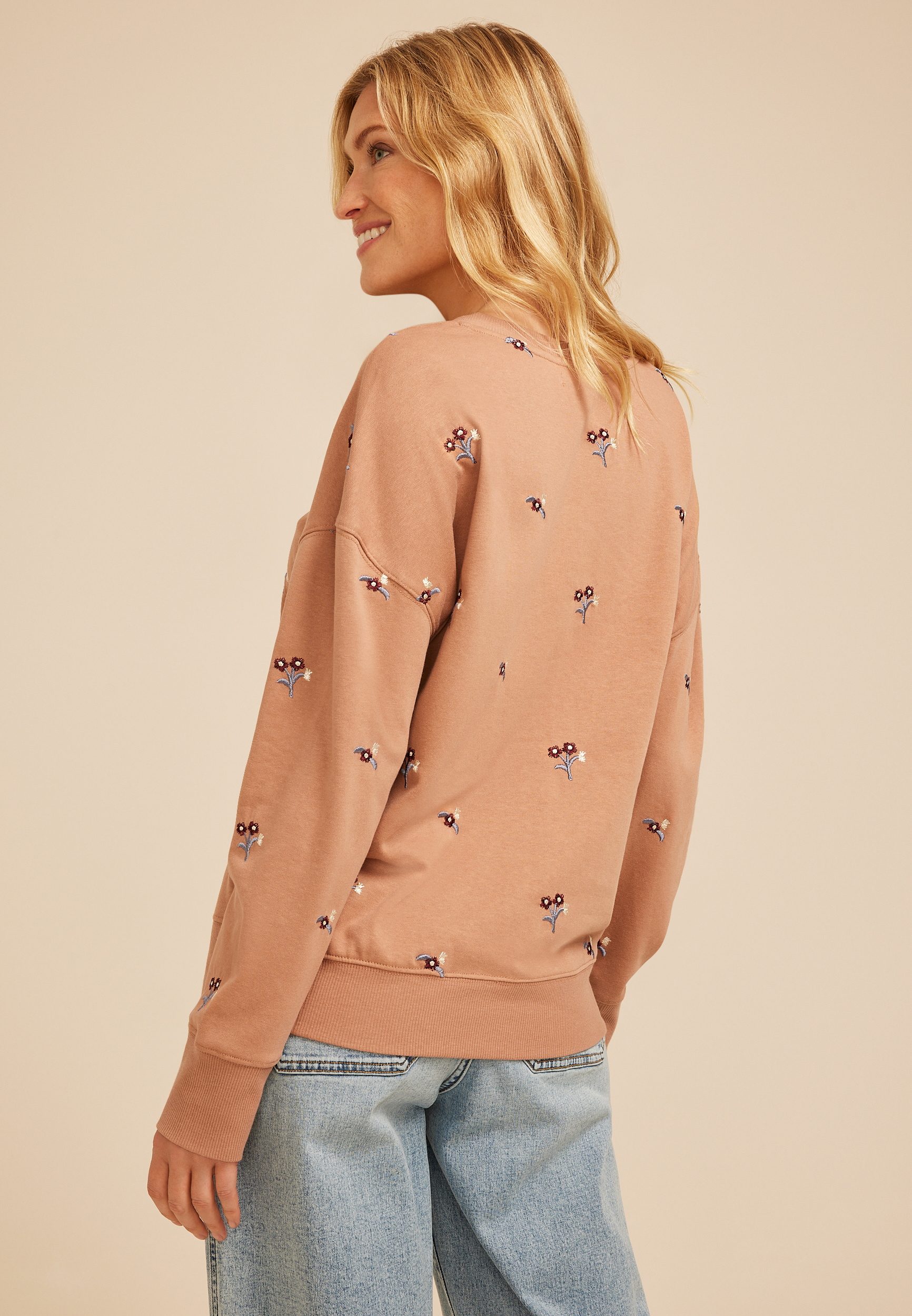 Embroidered Floral Relaxed Fit Sweatshirt, Tawny Brown, large
