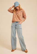 Embroidered Floral Relaxed Fit Sweatshirt, Tawny Brown, small