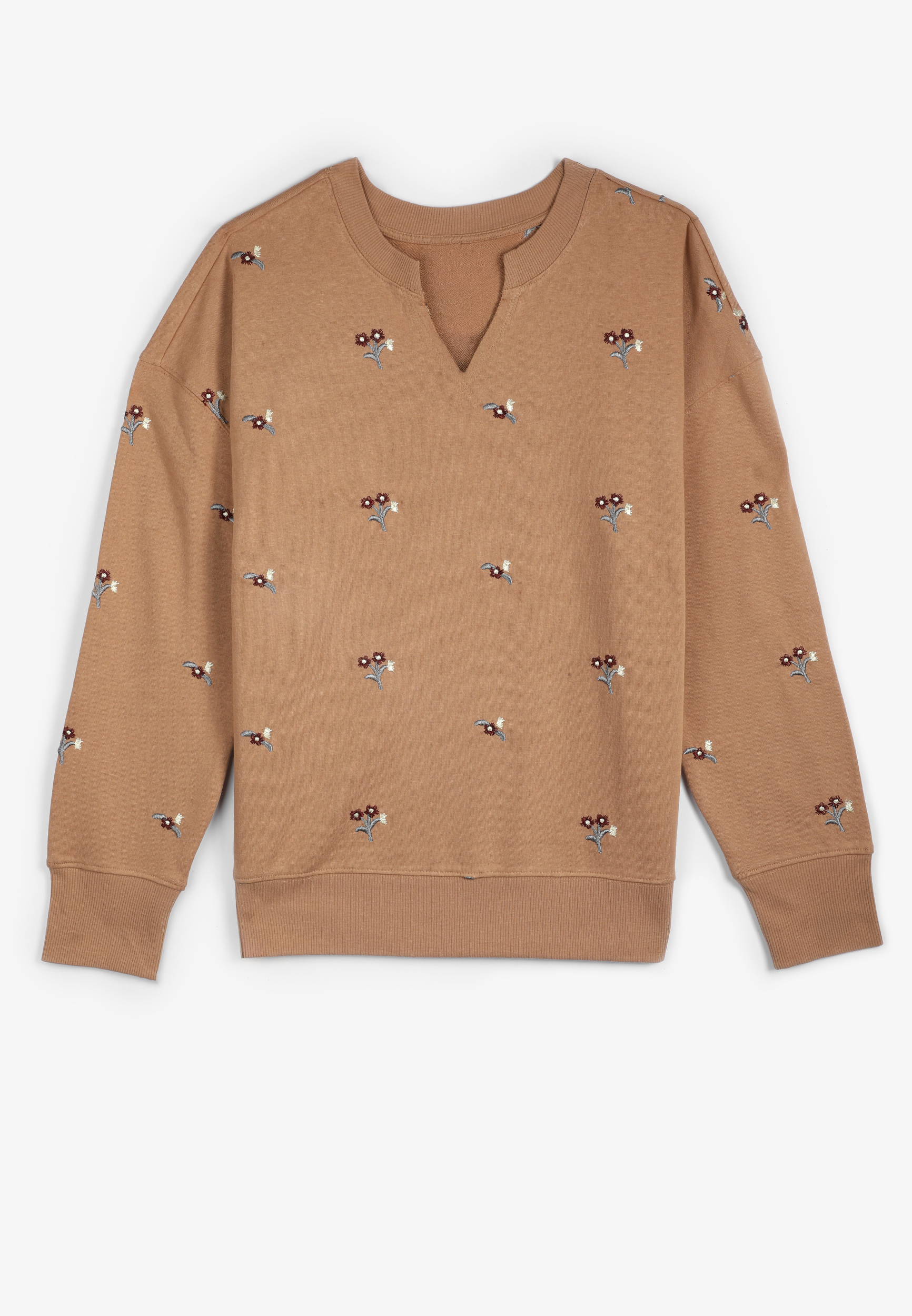 Embroidered Floral Relaxed Fit Sweatshirt, Tawny Brown, large
