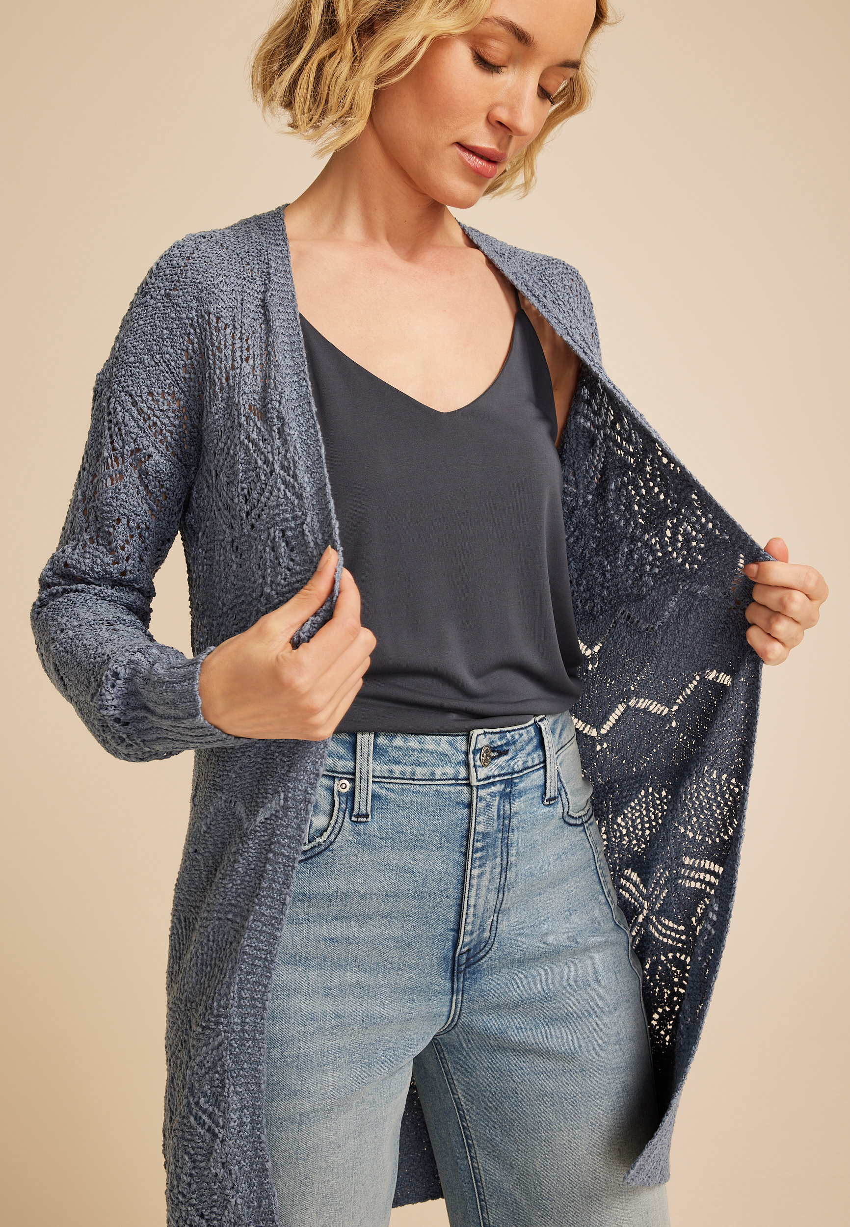 Pointelle Open Front Cardigan