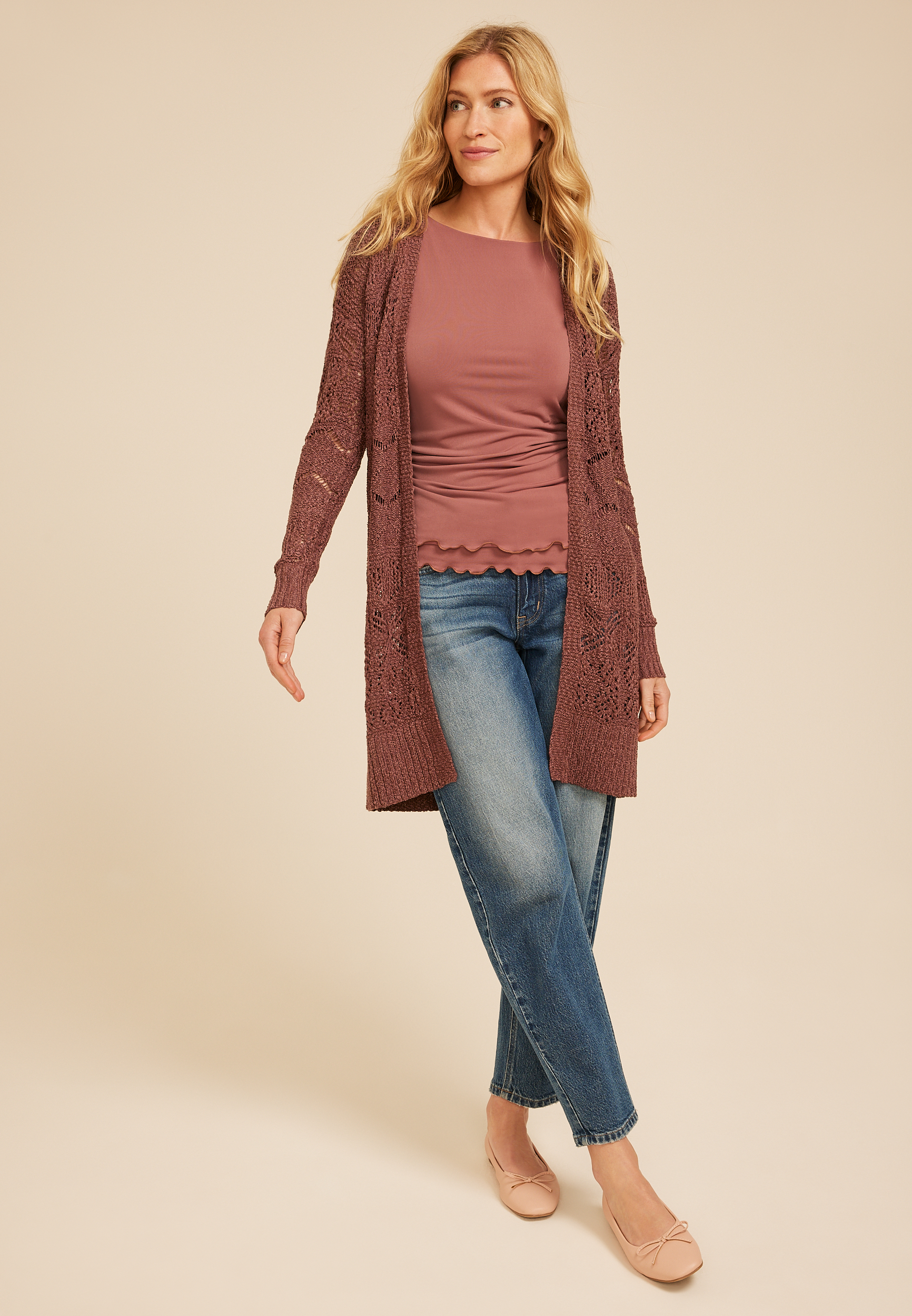 Pointelle Open Front Cardigan, COCONUT SHELL, large