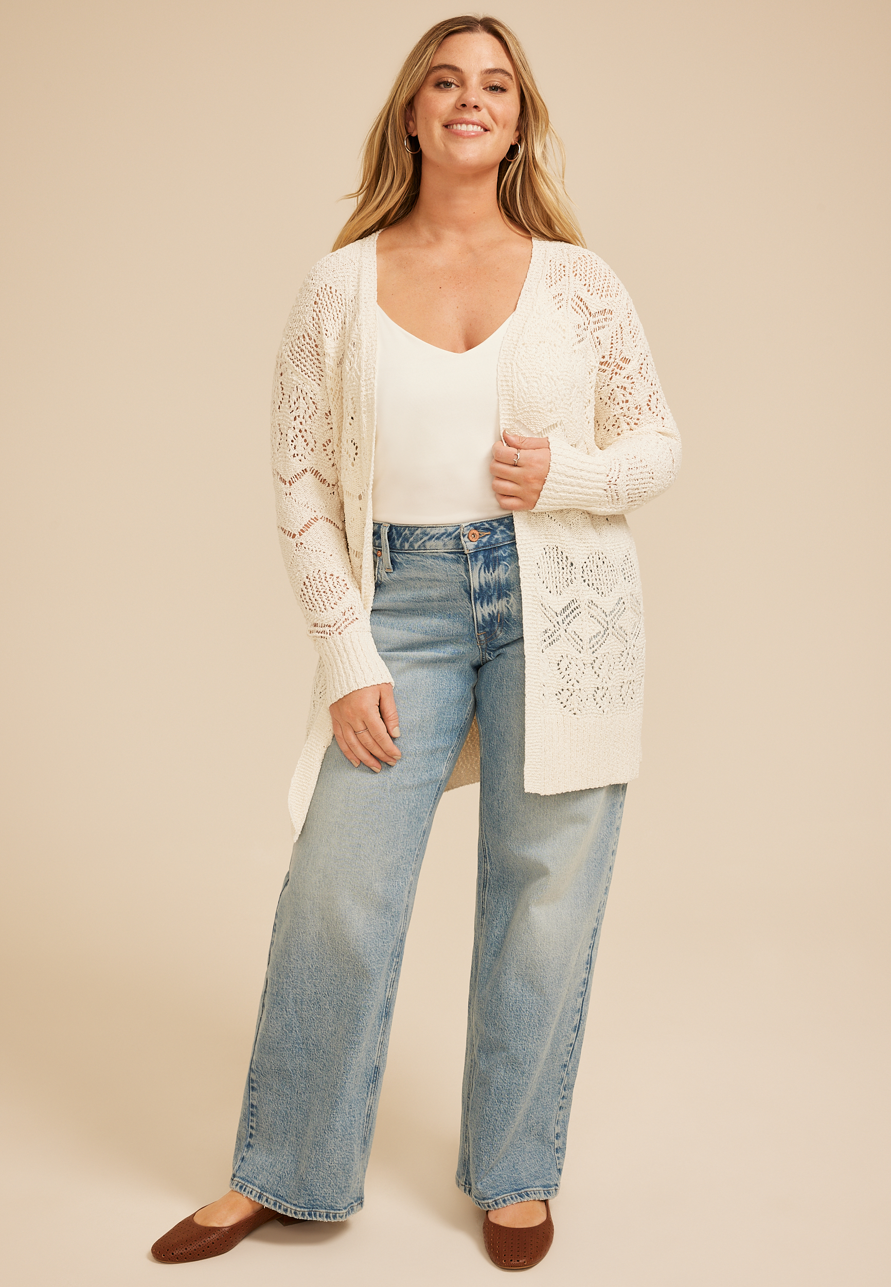 Plus Size Pointelle Open Front Cardigan, C2789, large