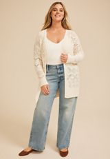 Plus Size Pointelle Open Front Cardigan, C2789, small