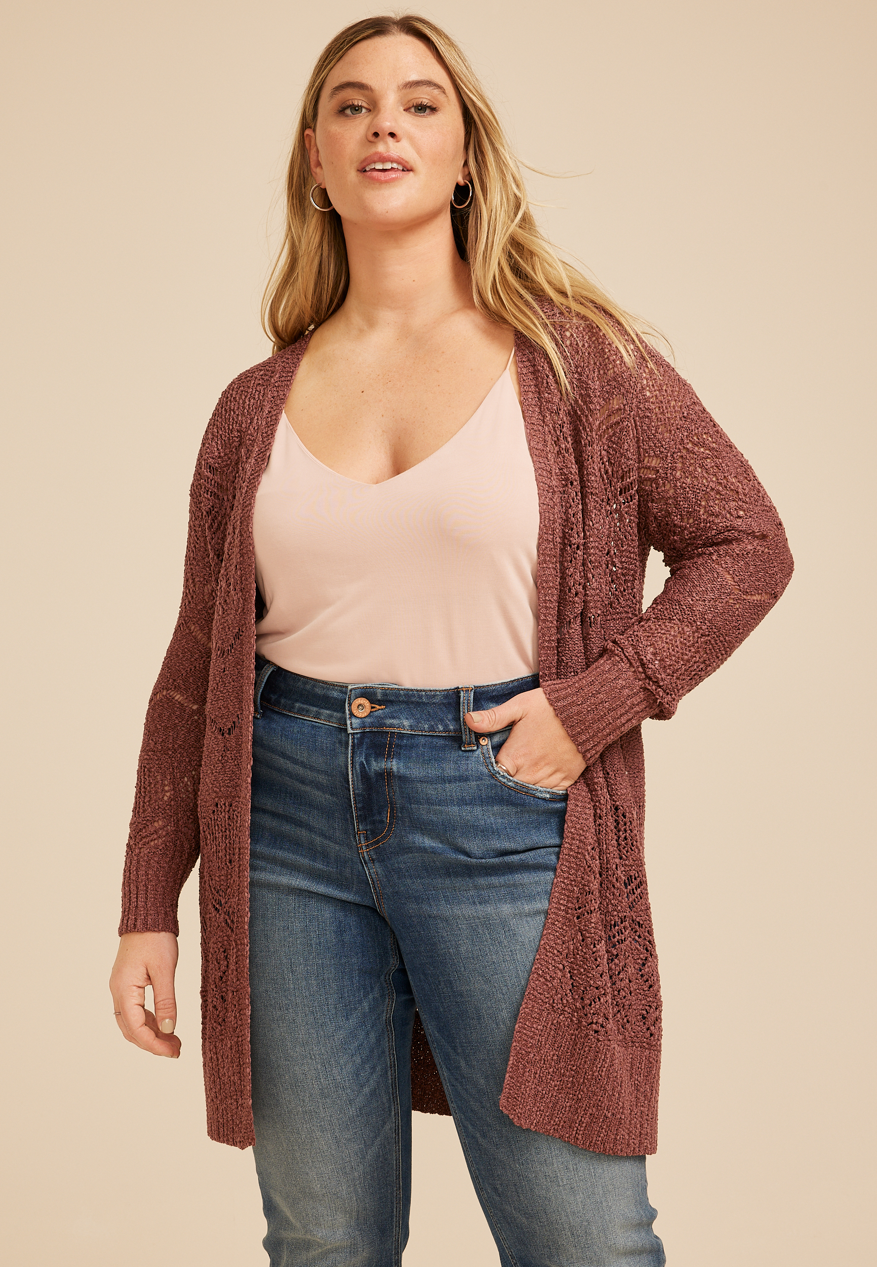 Plus Size Pointelle Open Front Cardigan