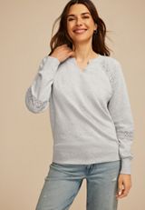 Heathered Crochet Mix Relaxed Fit Sweatshirt, LIGHT HEATHER GRAY, small