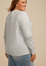 Plus Size Heathered Crochet Mix Relaxed Fit Sweatshirt, C3348, small