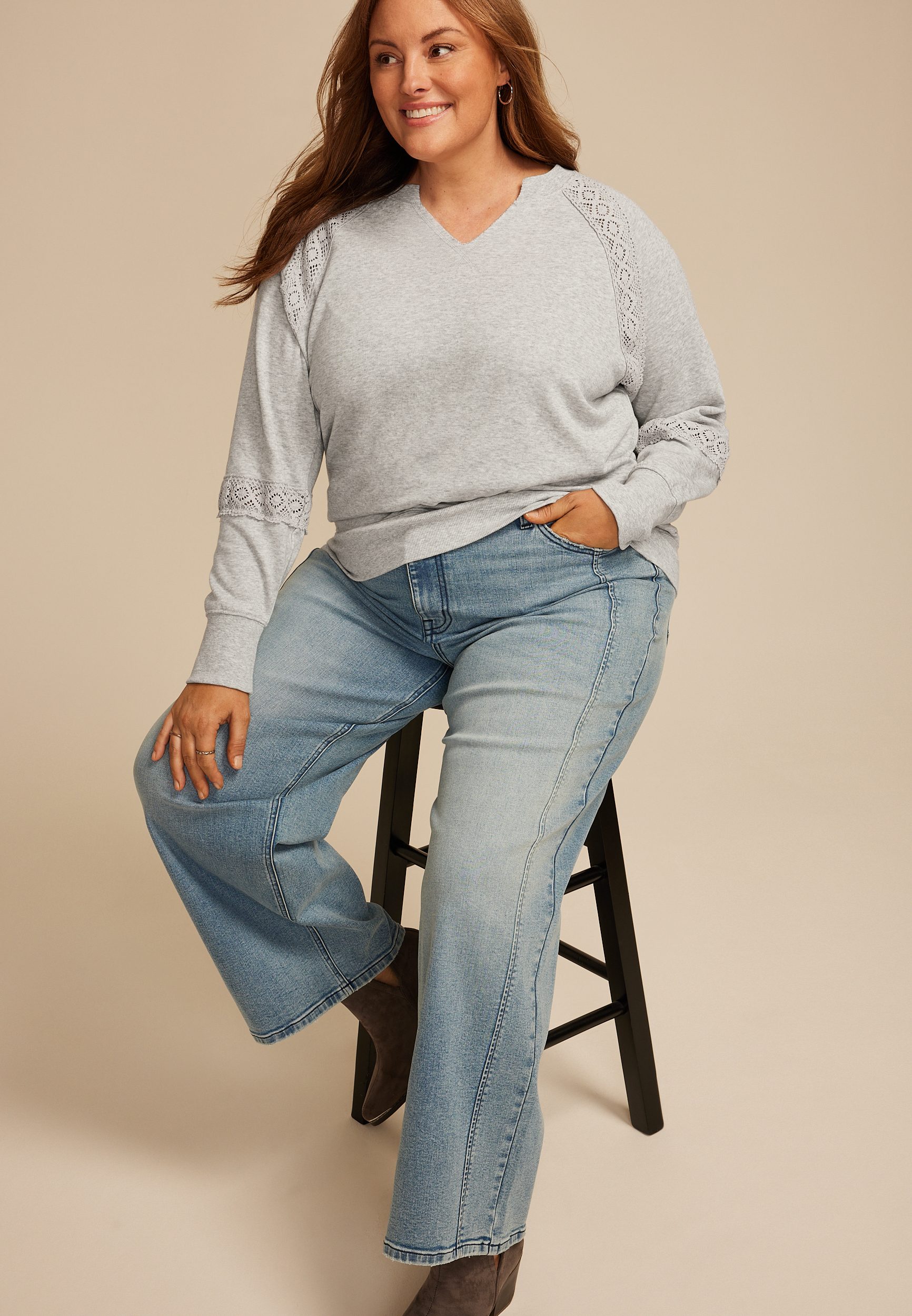 Plus Size Heathered Crochet Mix Relaxed Fit Sweatshirt, C3348, large