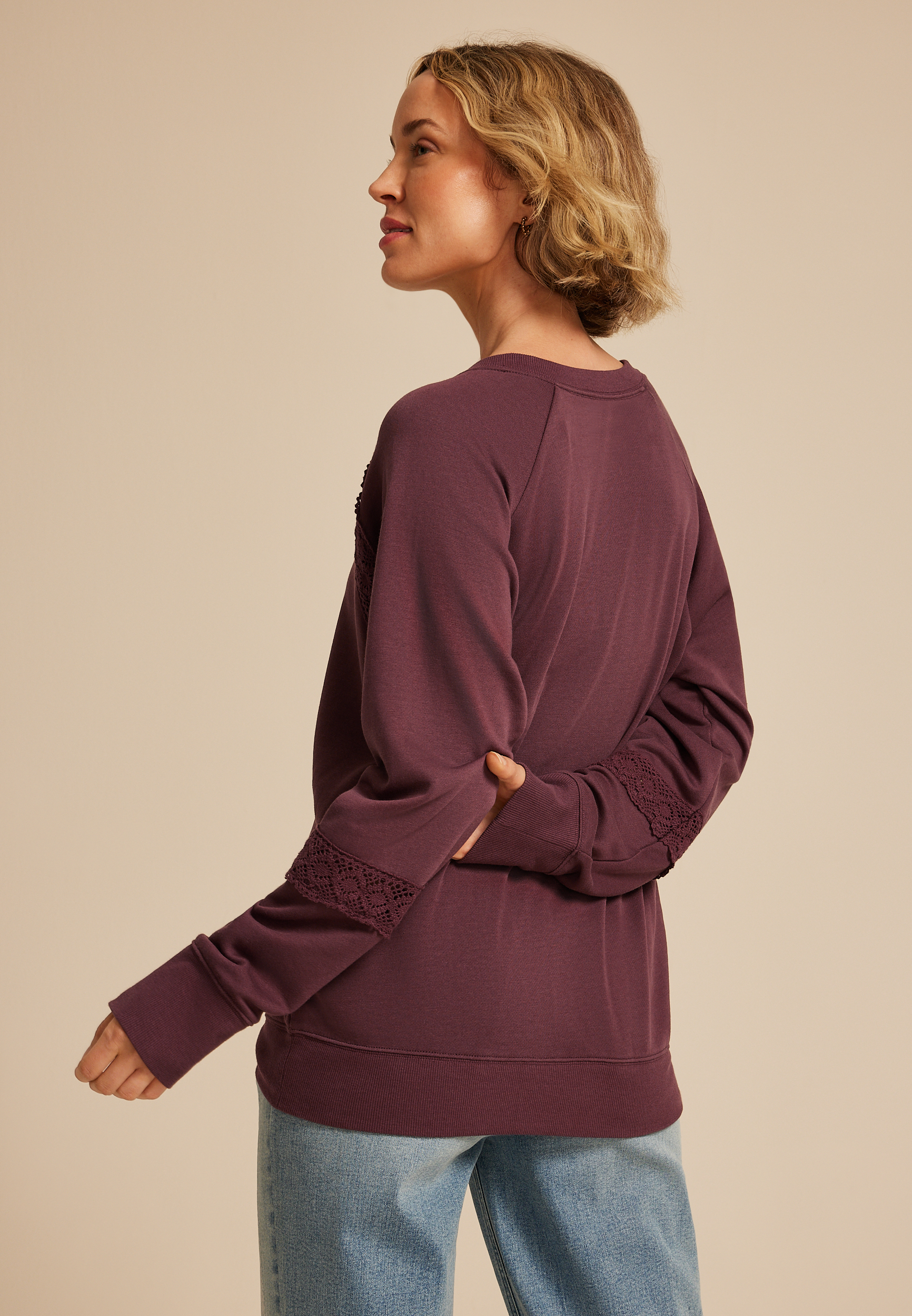 Crochet Mix Relaxed Fit Sweatshirt, C7176, large