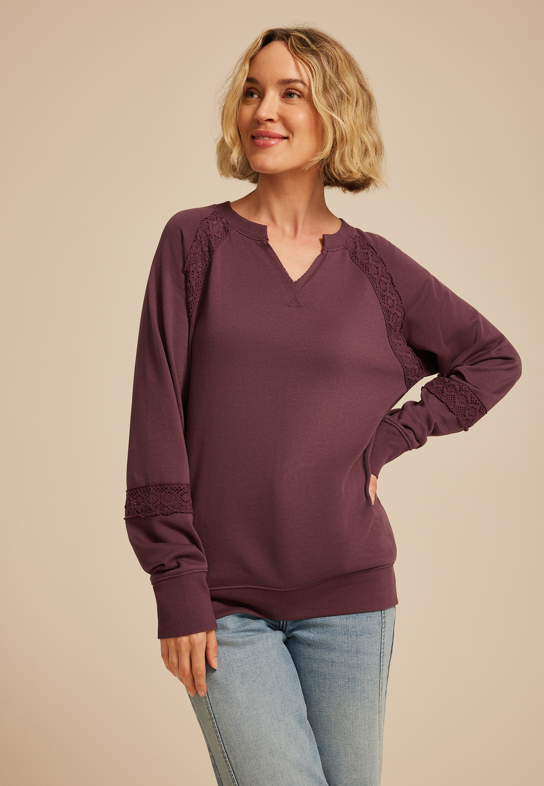 Crochet Mix Relaxed Fit Sweatshirt maurices