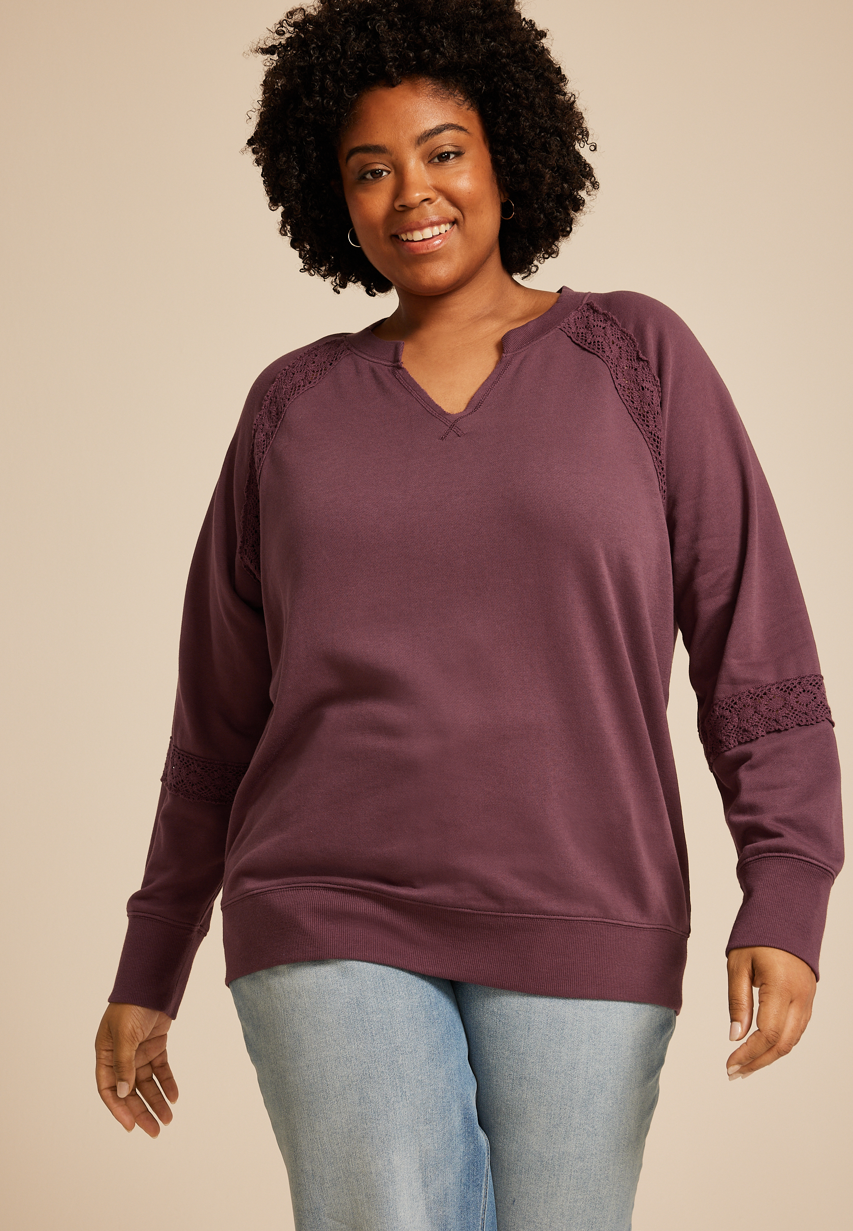 Plus Size Crochet Mix Relaxed Fit Sweatshirt