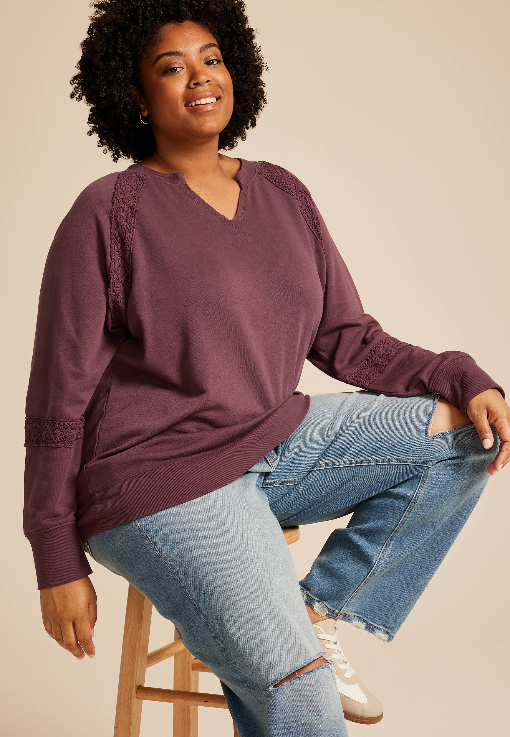 Plus Size Crochet Mix Relaxed Fit Sweatshirt