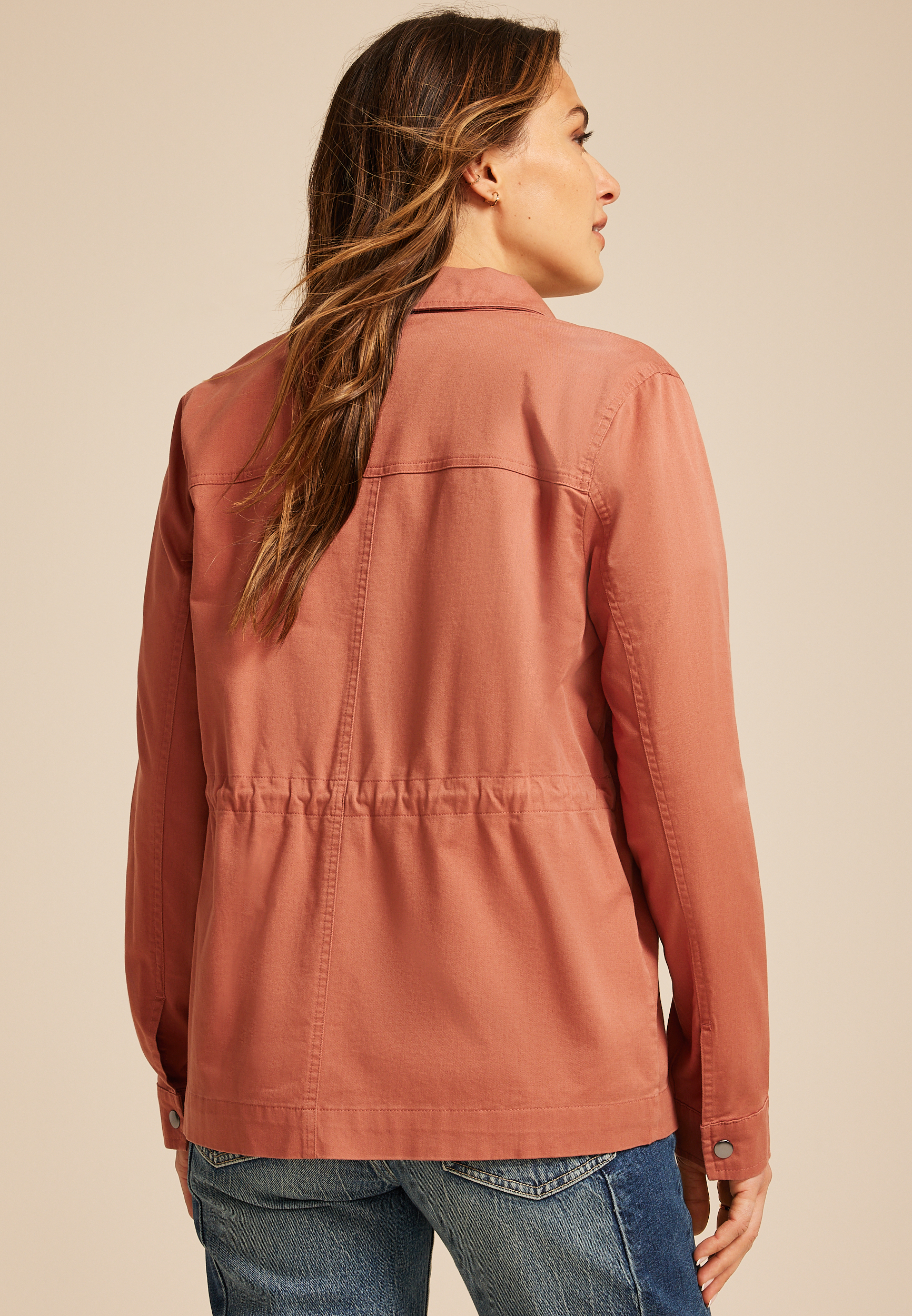 Embroidered Twill Cinched Waist Jacket, Rust, large
