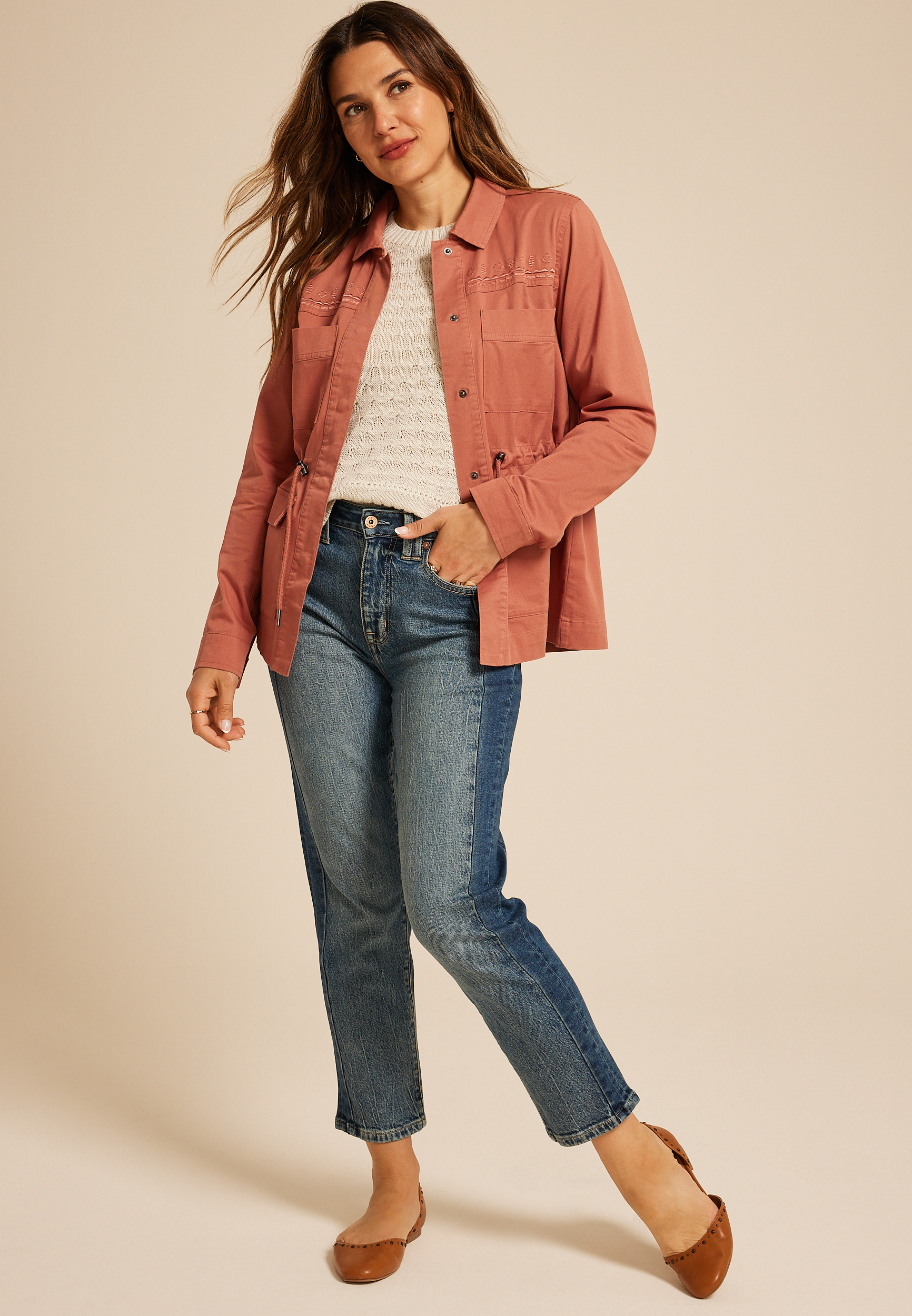 Embroidered Twill Cinched Waist Jacket, Rust, large