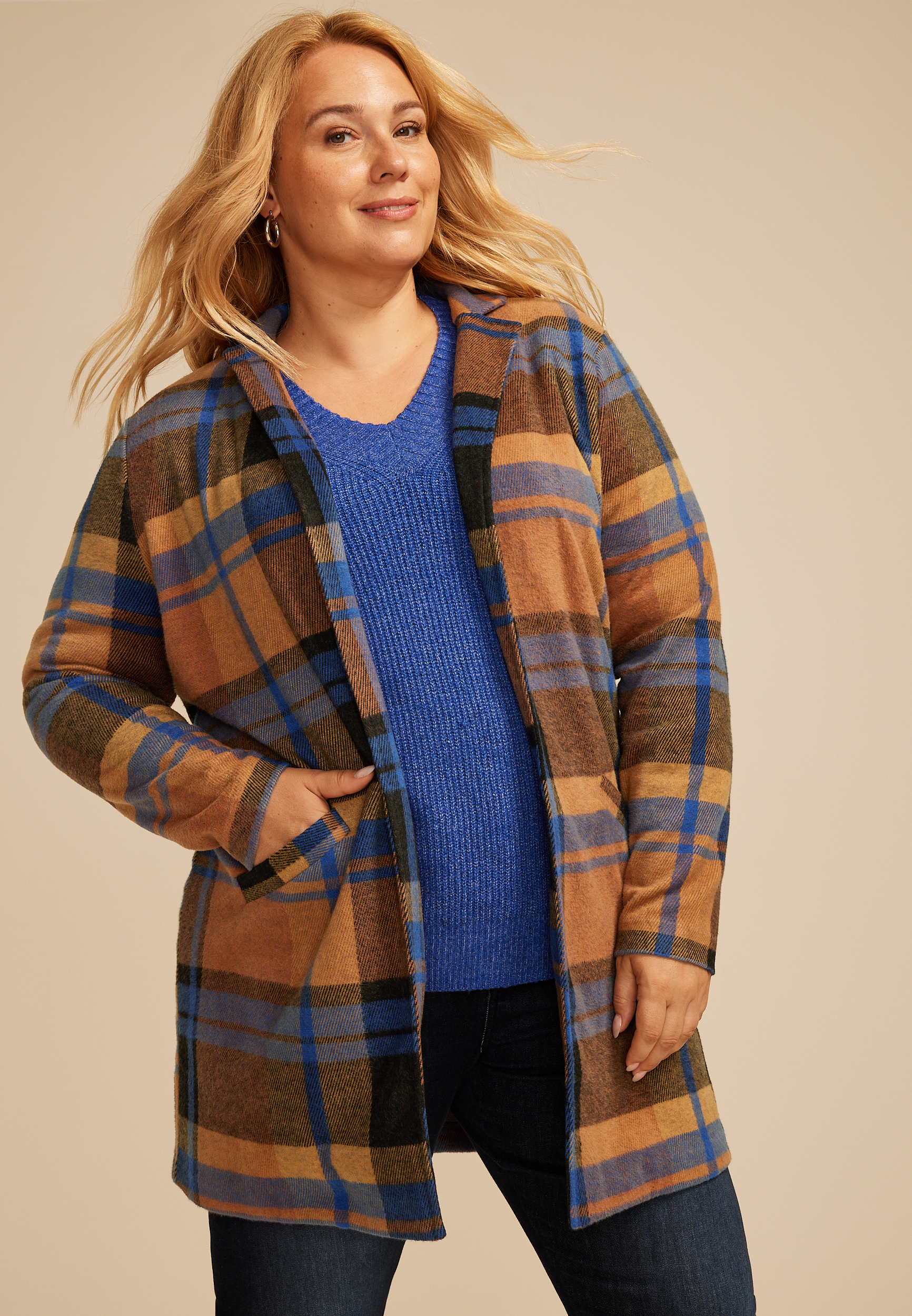 Plus Size Plaid Longline Blazer