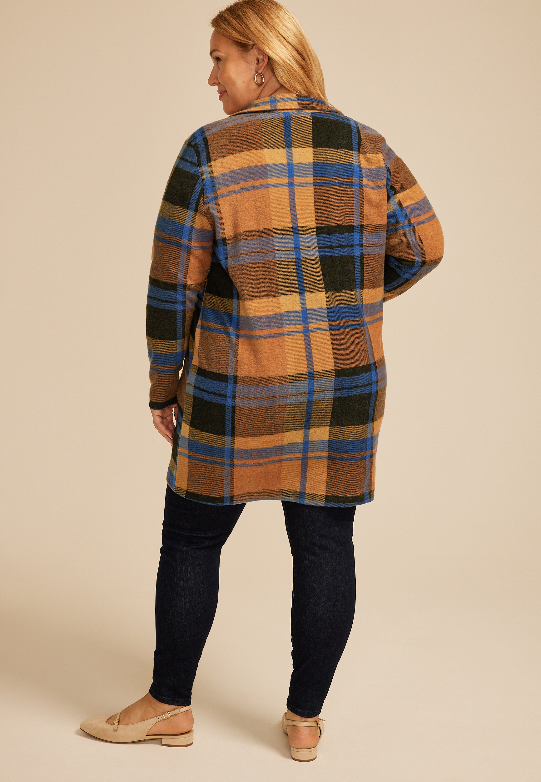 Plus Size Plaid Longline Blazer, MOCHA BISQUE COMBO, large