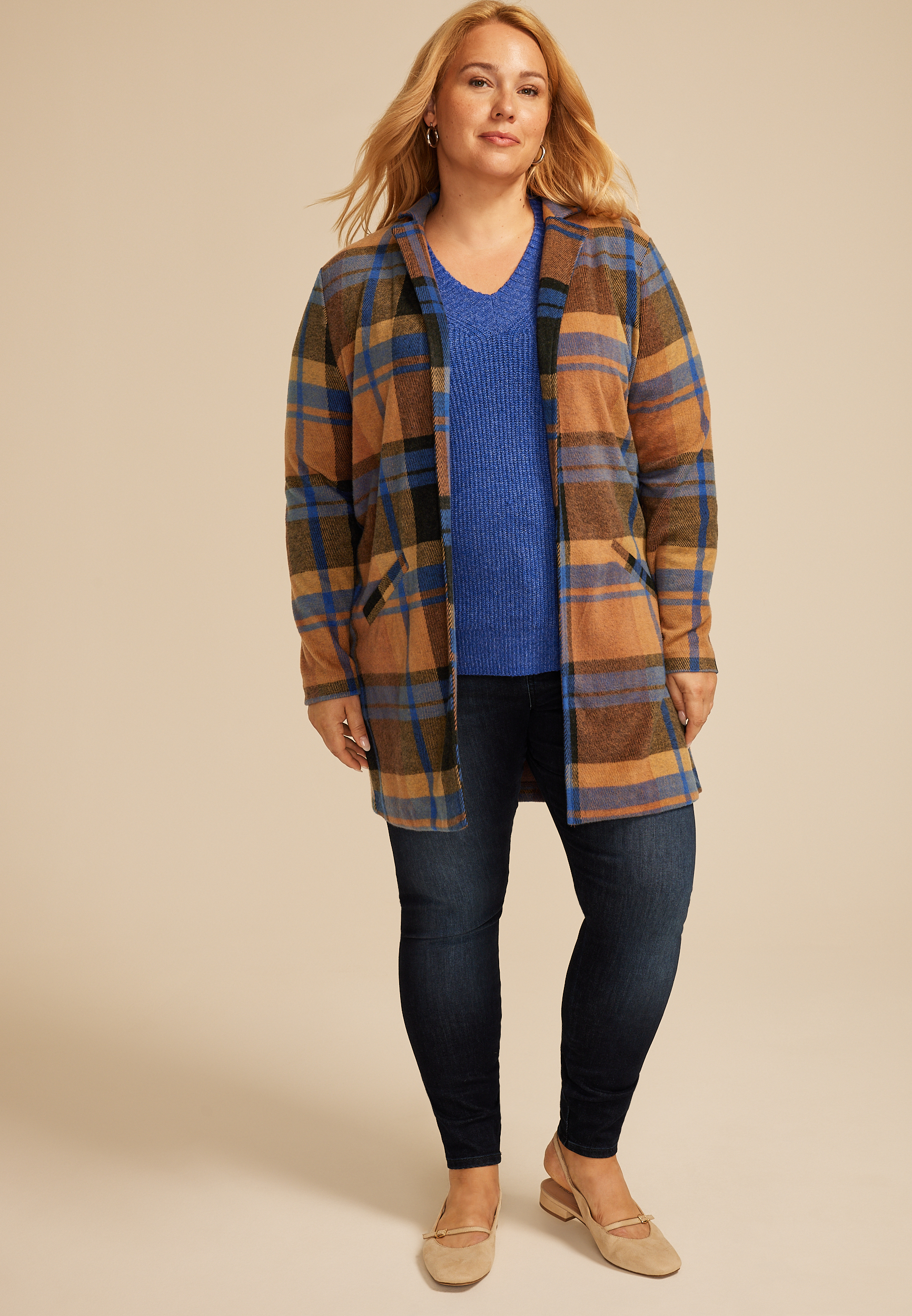 Plus Size Plaid Longline Blazer