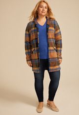 Plus Size Plaid Longline Blazer, MOCHA BISQUE COMBO, small