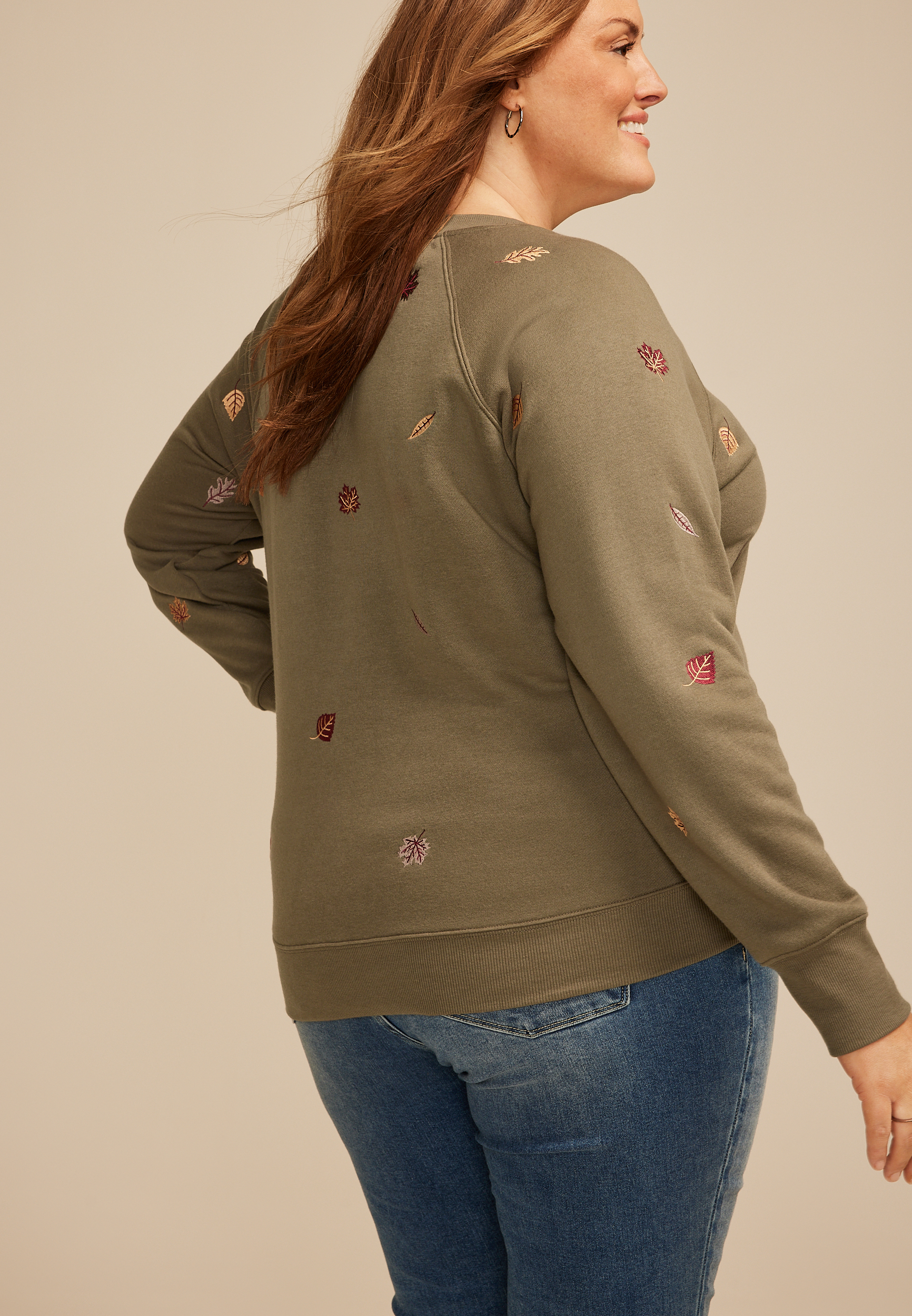 Plus Size Embroidered Falling Leaves Relaxed Fit Sweatshirt, , large