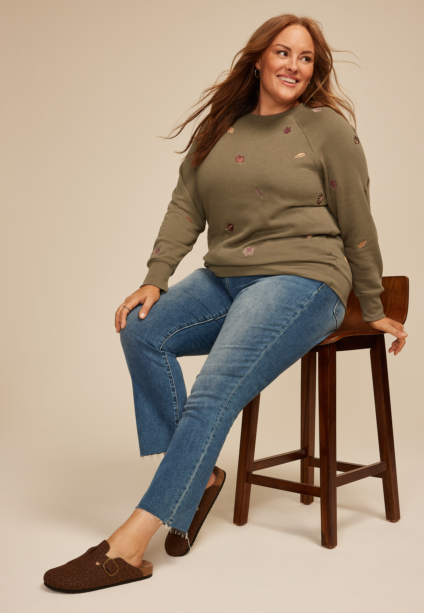 Plus Size Embroidered Falling Leaves Relaxed Fit Sweatshirt, , large
