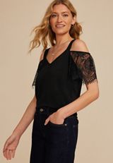 Studio Y Black Cold Shoulder Lace Sleeve Top, BLACK, small