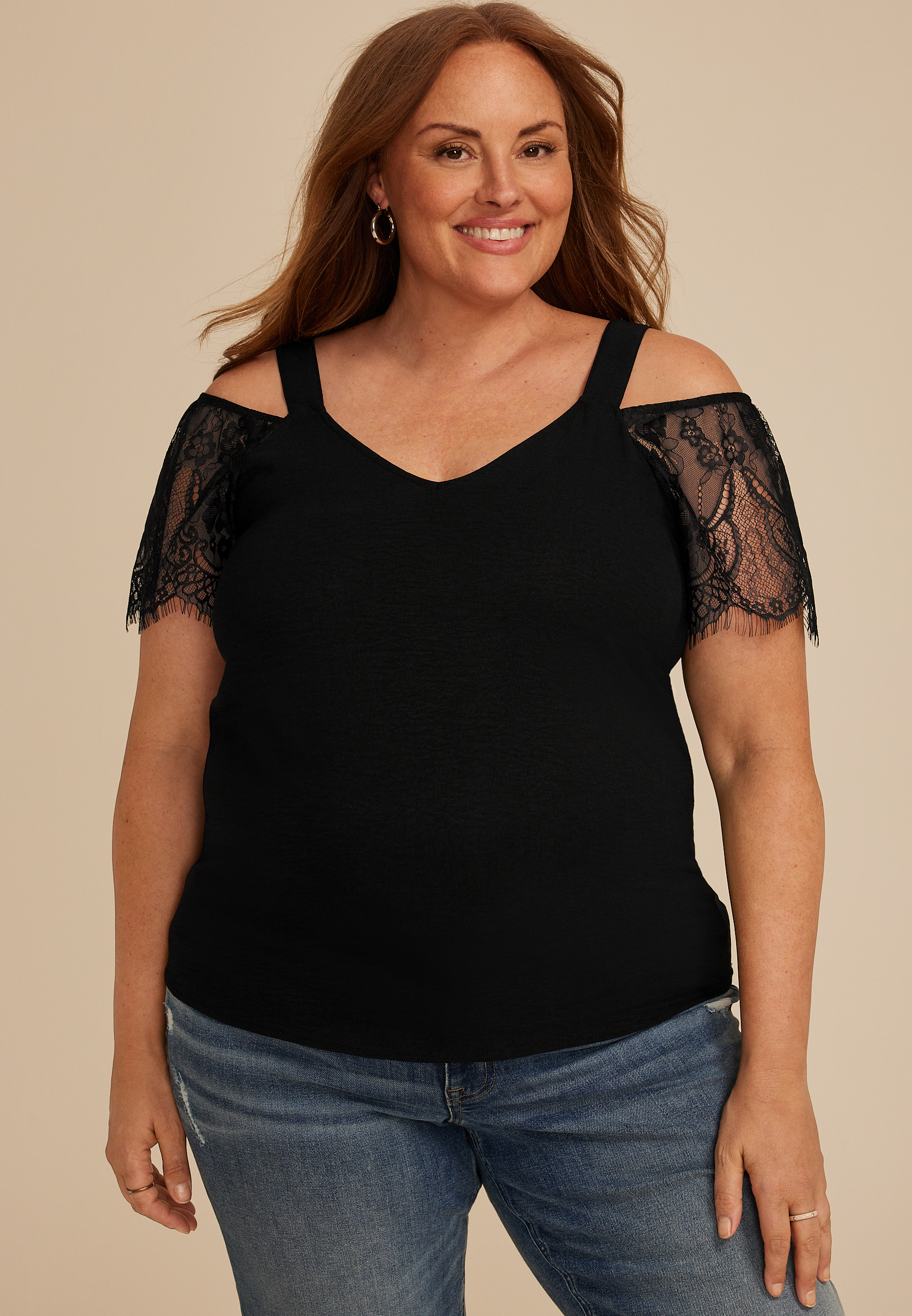 Plus Size Studio Y Black Cold Shoulder Lace Sleeve Top