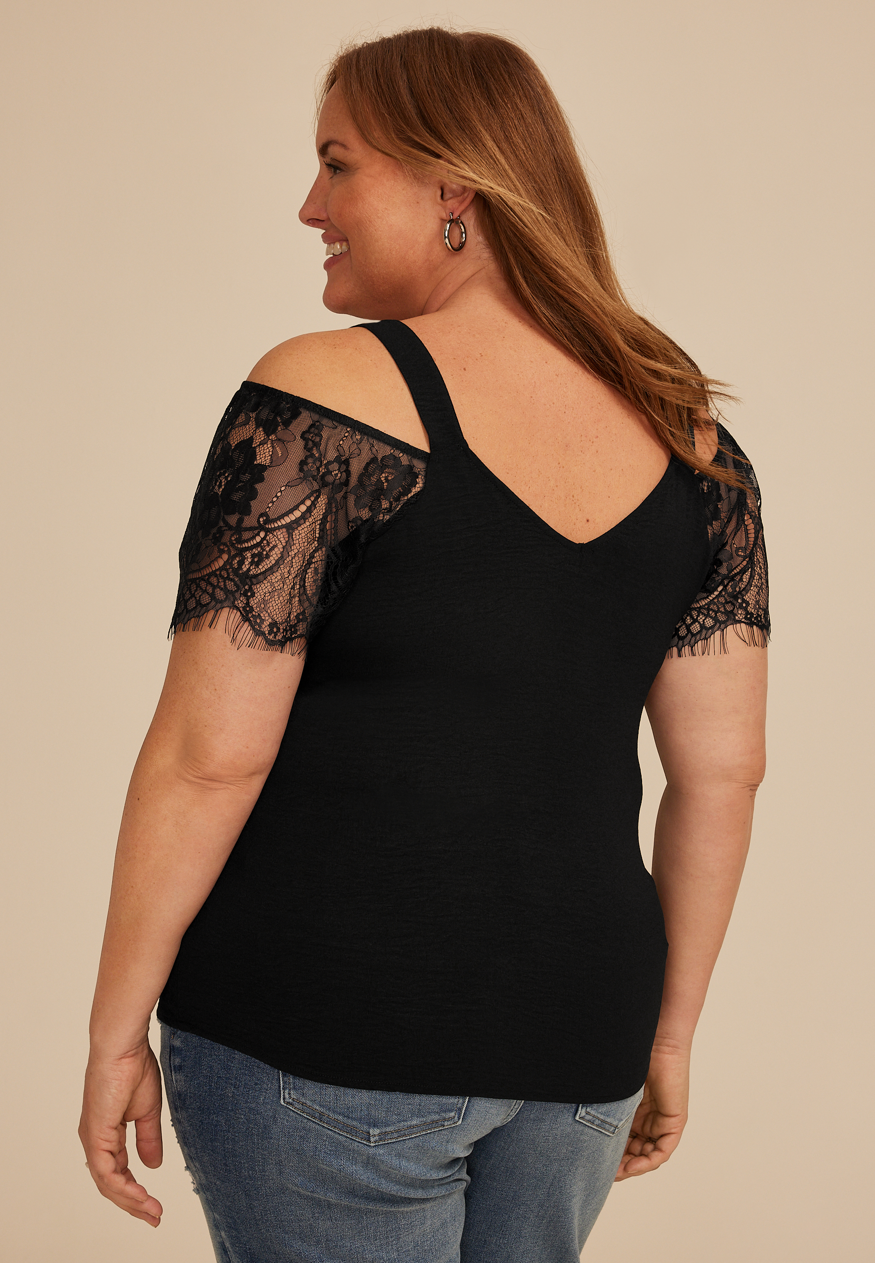 Plus Size Studio Y Black Cold Shoulder Lace Sleeve Top, BLACK, large