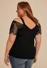 Plus Size Studio Y Black Cold Shoulder Lace Sleeve Top, BLACK, small
