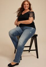 Plus Size Studio Y Black Cold Shoulder Lace Sleeve Top, BLACK, small