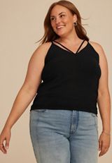 Plus Size Studio Y Black Lattice Neck Tank Top, BLACK, small