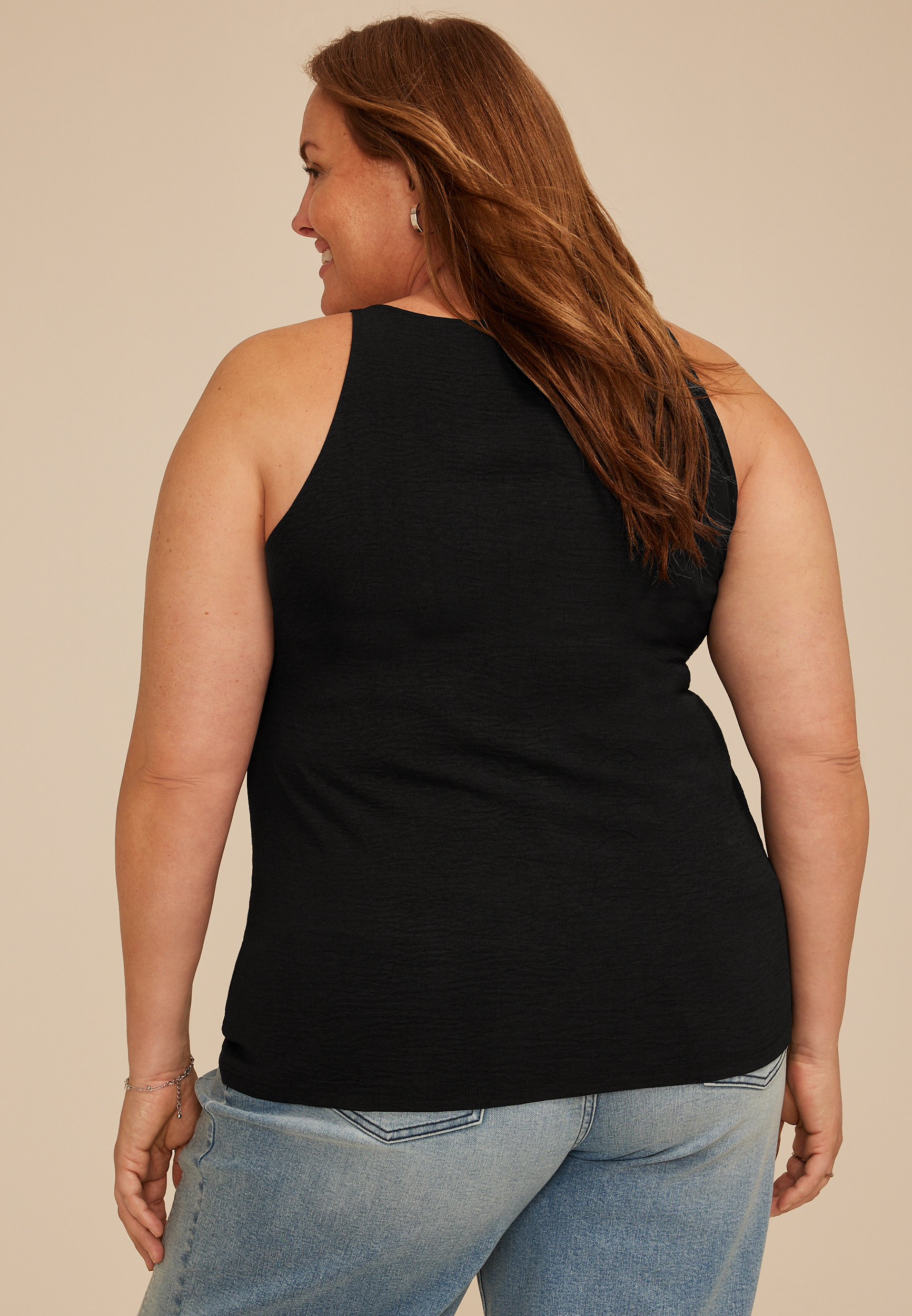 Plus Size Studio Y Black Lattice Neck Tank Top, BLACK, large