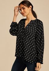 Printed Henley V Neck Blouse, BLACK COMBO, small
