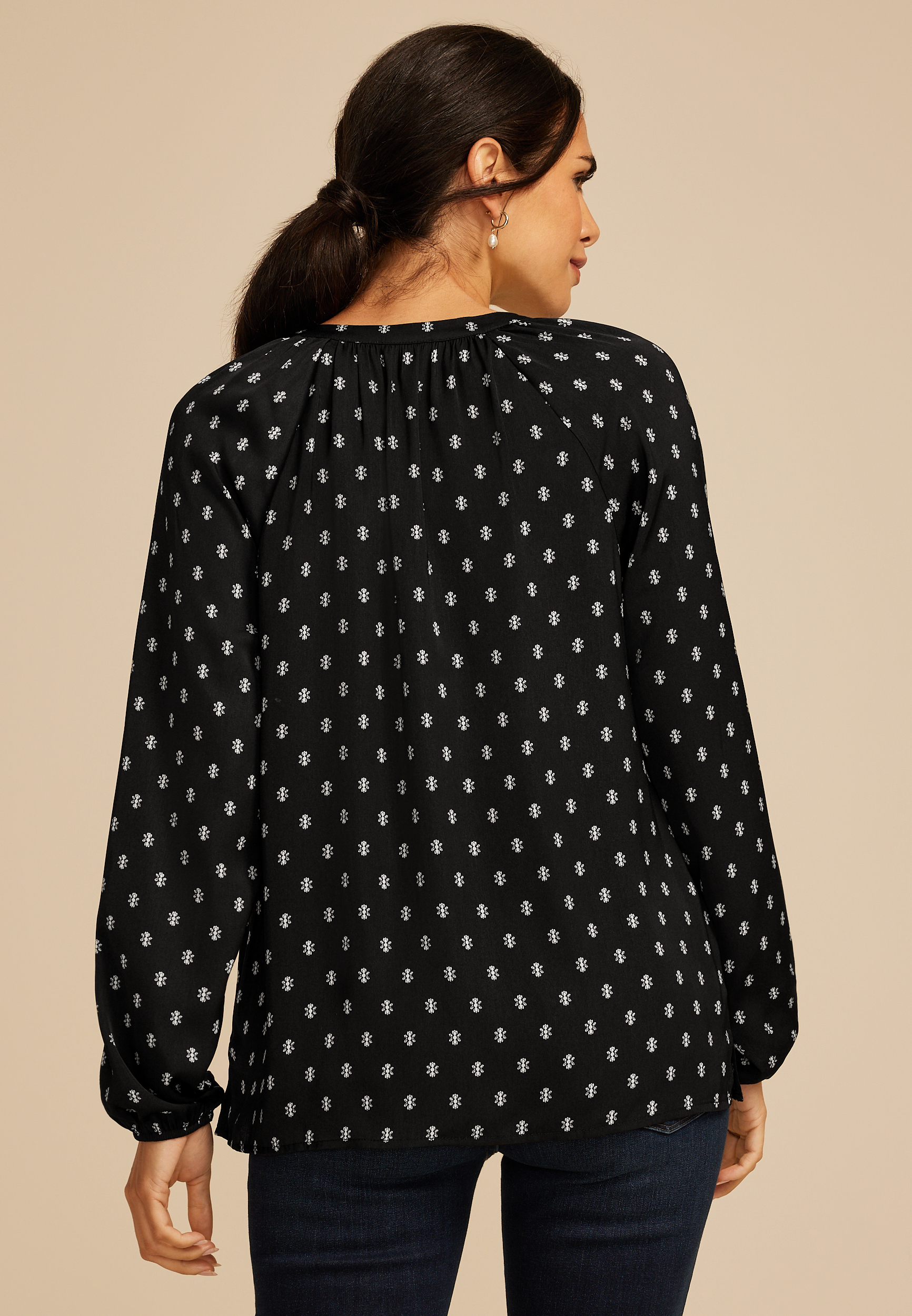 Printed Henley V Neck Blouse, BLACK COMBO, large