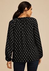 Printed Henley V Neck Blouse, BLACK COMBO, small