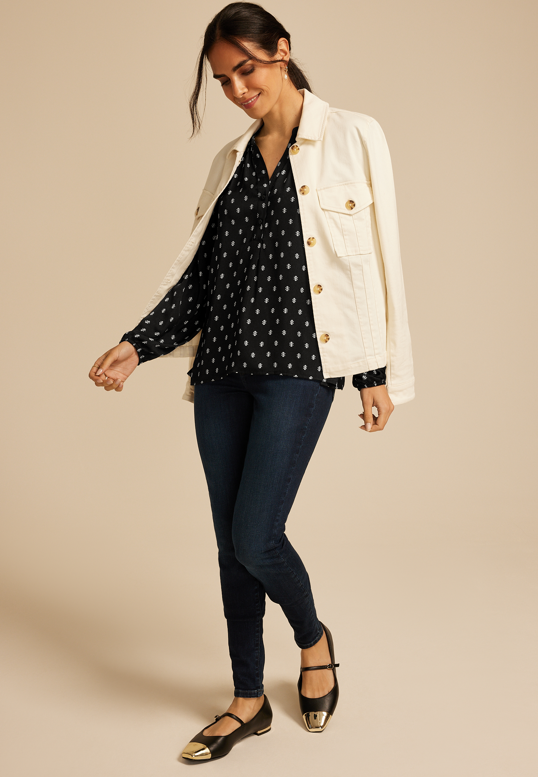 Printed Henley V Neck Blouse, BLACK COMBO, large