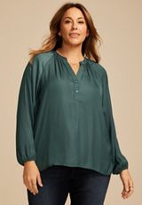 Plus Size Henley V Neck Blouse, , small