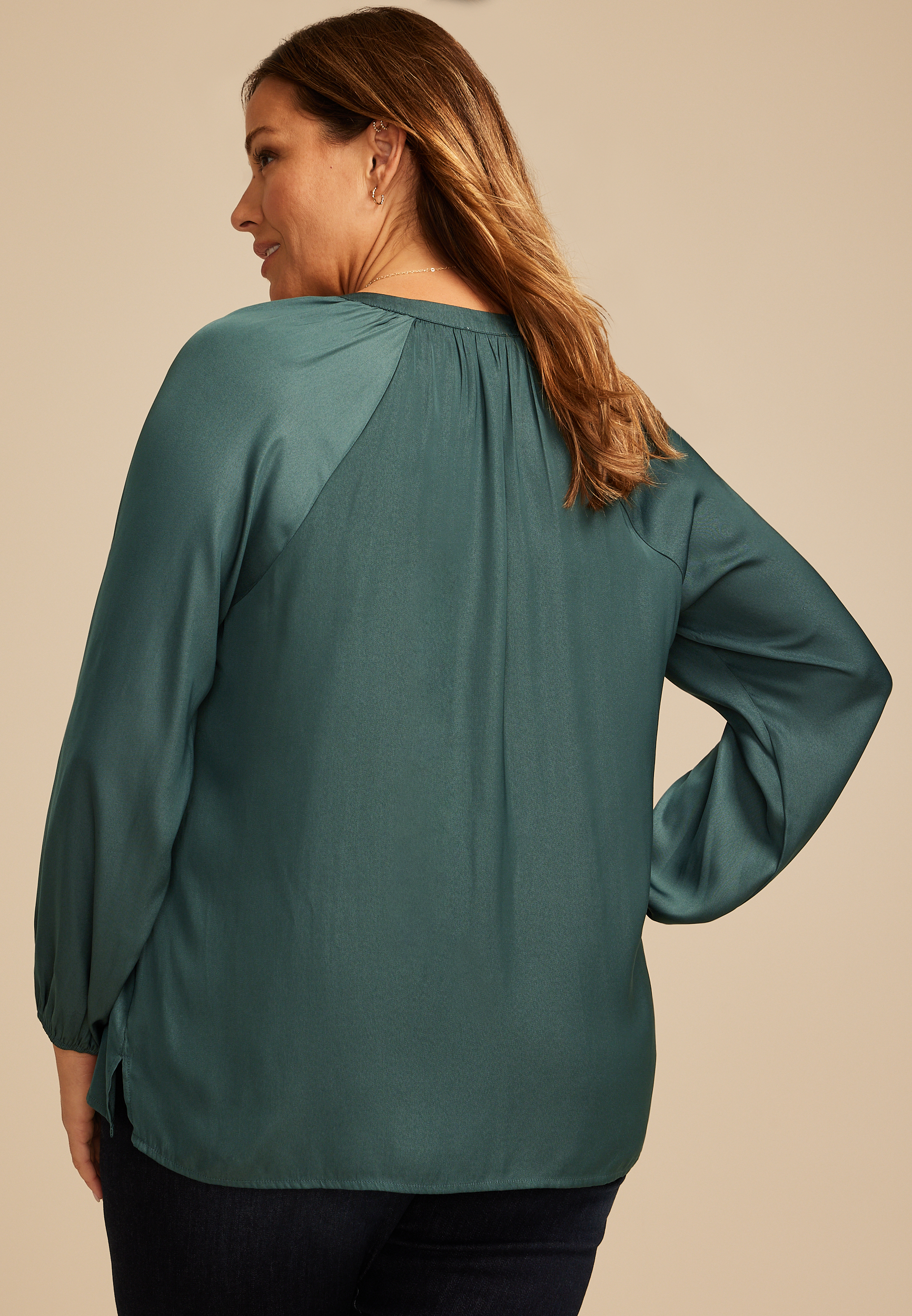 Plus Size Henley V Neck Blouse, , large
