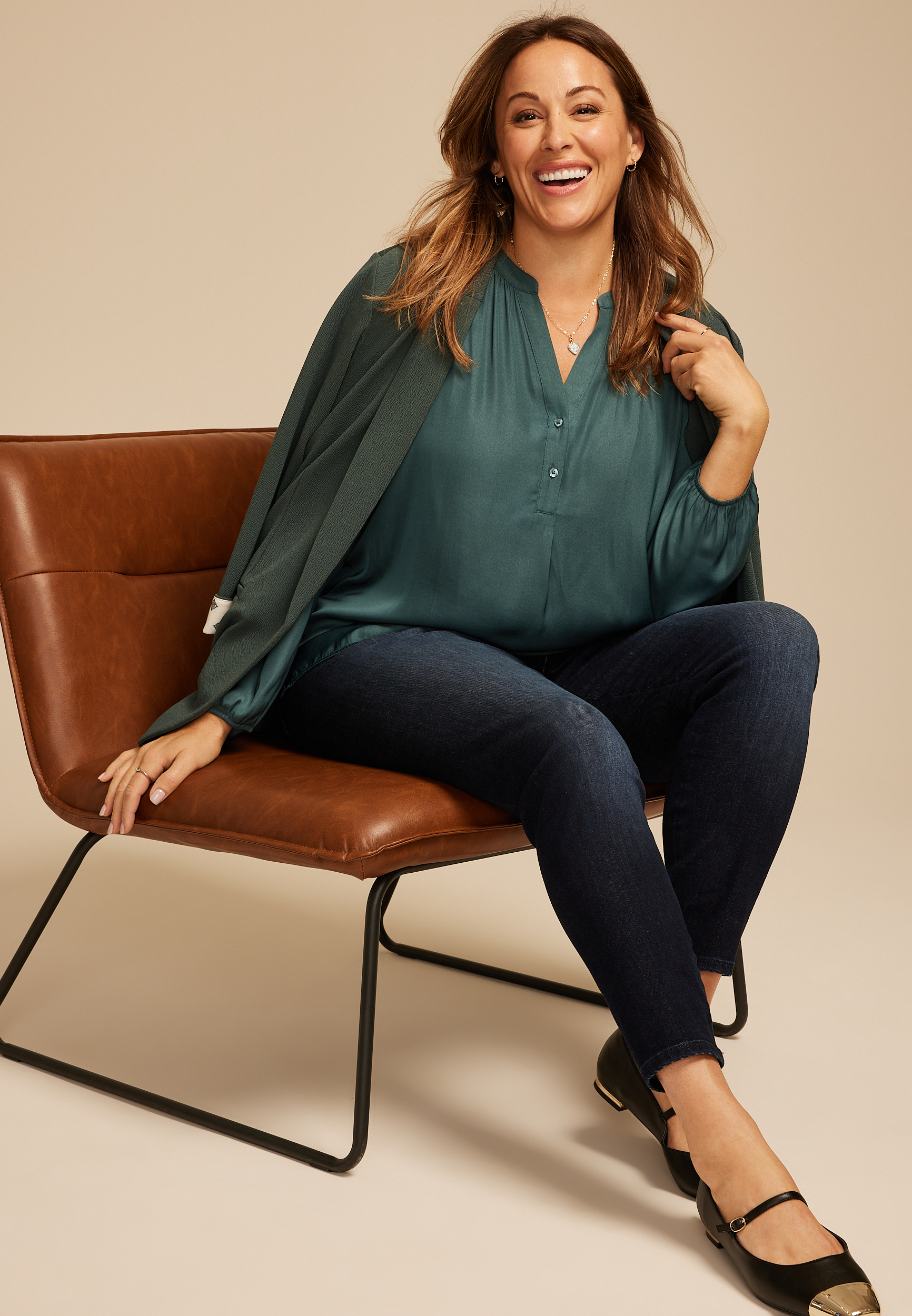 Plus Size Henley V Neck Blouse, , large